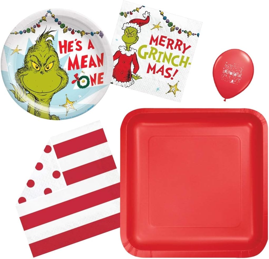 Grinch Party Plates and Napkins- Grinch party Supplies Place Settings Bundle with Dinner and Dessert Plates with Luncheon and Beverage Napkins for 16 guests with Balloon