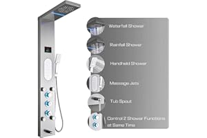 ELLO&ALLO LED Shower Panel Tower System, Rainfall and Mist Head Rain Massage Stainless Steel Shower Fixtures with Adjustable Body Jets, Brushed Nickel