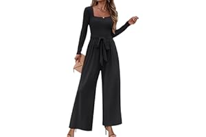 LOOKBOHO Jumpsuits For Women Dressy Long Sleeve Square Neck Casual Belted Wide Leg Long Pants Romper One Piece Outfits