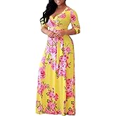 Olens Women 3/4 Long Sleeve Wrap V Neck Floral Printed Long Maxi Dress Plus Size