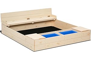 Outsunny 47" x 47" Kids Sandbox with Cover, Wooden Sand Box with Foldable Bench Seat, 2 Plastic Boxes, Bottom Liner, Storage 