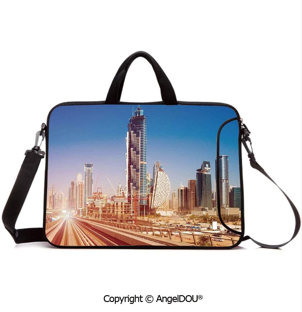 AngelDOU Laptop Shoulder Bag Waterproof Neoprene Computer Case Modern Subway Line in Dubai Tracks Skyscrapers Futuristic View Commercial with Handle Adjustable Shoulder Strap and External Side Pocke