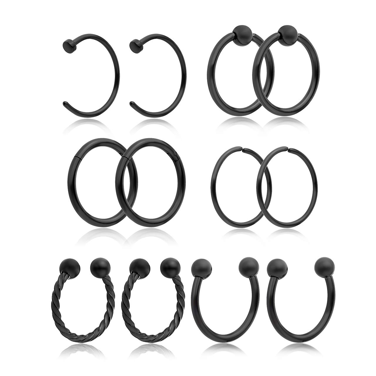 BOPREINA 12Pcs 16-20G 316L Stainless Steel Nose Rings Hinged Segment Seamless Clicker Ring Hoop Tragus Cartilage Helix Ring Lip Septum Piercing 10MM