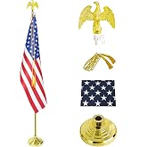 SCZS Indoor Flag Pole Kit - Telescoping 6FT-8FT Flag Pole with Base, 3x5 FT American Flag, Eagle Topper, Gold Braided Cord Tassel - Glod Flagpole and Stand, for Office School City Hall(1Pack)