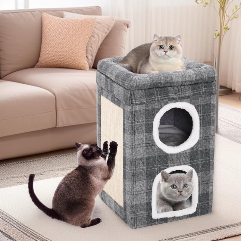 Cat House for Indoor, 3-Level Covered Cat Condo with Scratch Pad and Hideaway Cave, Cat Bed &Furniture for Multi Pets and Large Cats, 15.3 * 15.3 * 26 inches, Cat Playground Play Center, Grey
