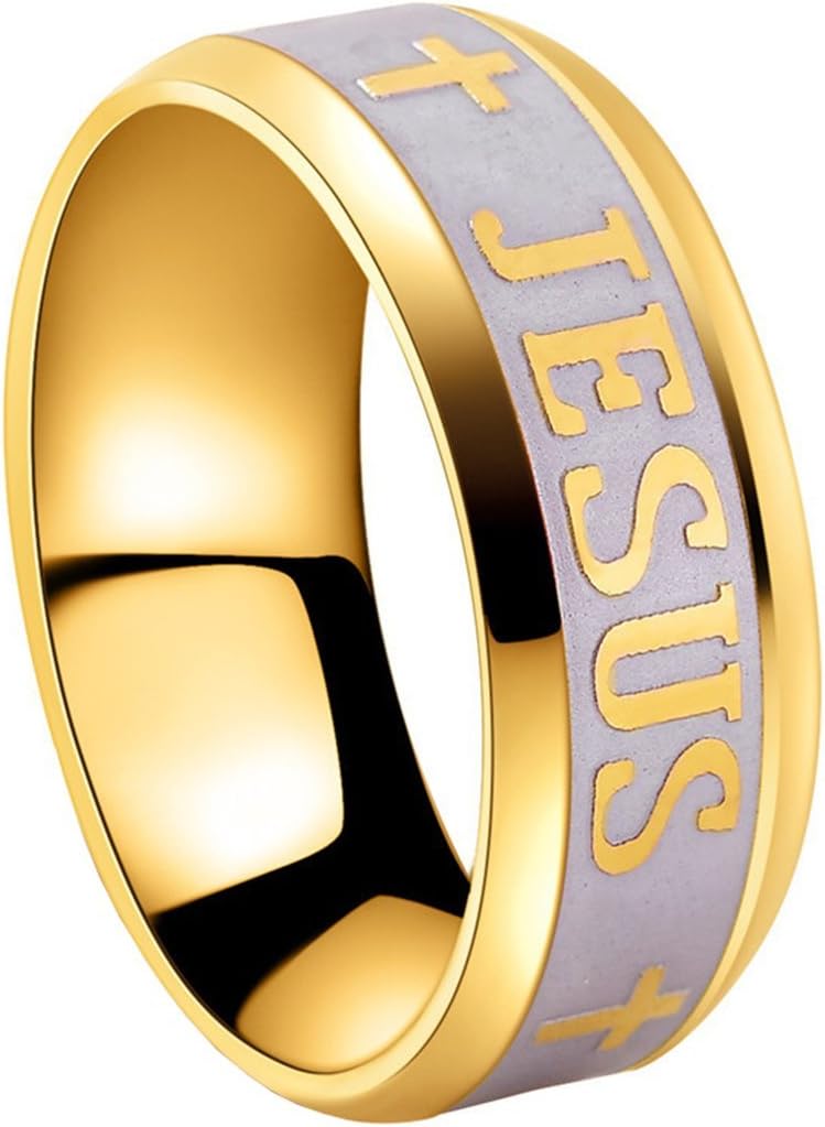 Tanyoyo 8MM Stainless Steel Gold Plated Jesus Cross Ring Size 6-14