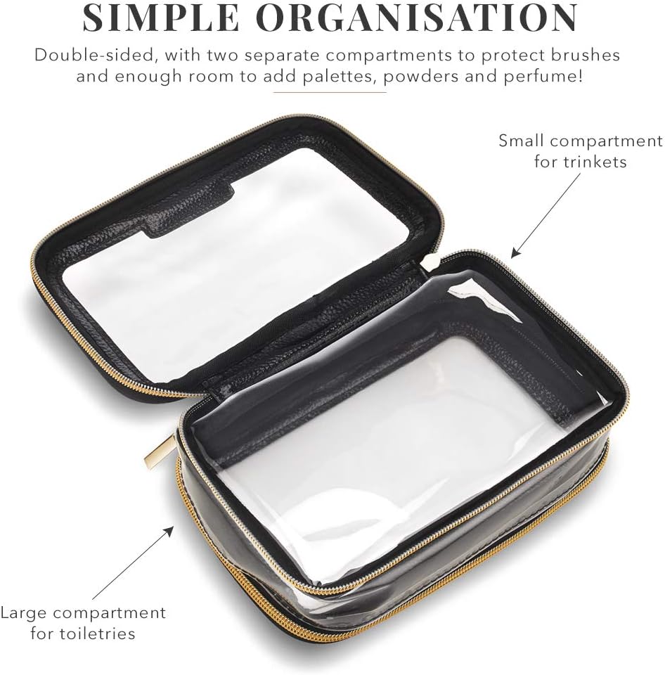 Clear Travel Makeup Bag Organiser - Small Cosmetic Case Portable Airport Toiletry Bag by Lily England - Black & Gold - Image 4