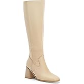 Coutgo Women's Knee High Boots Wide Calf Square Toe Chunky Heeled Pull-on Boot, Light Beige, Size 7