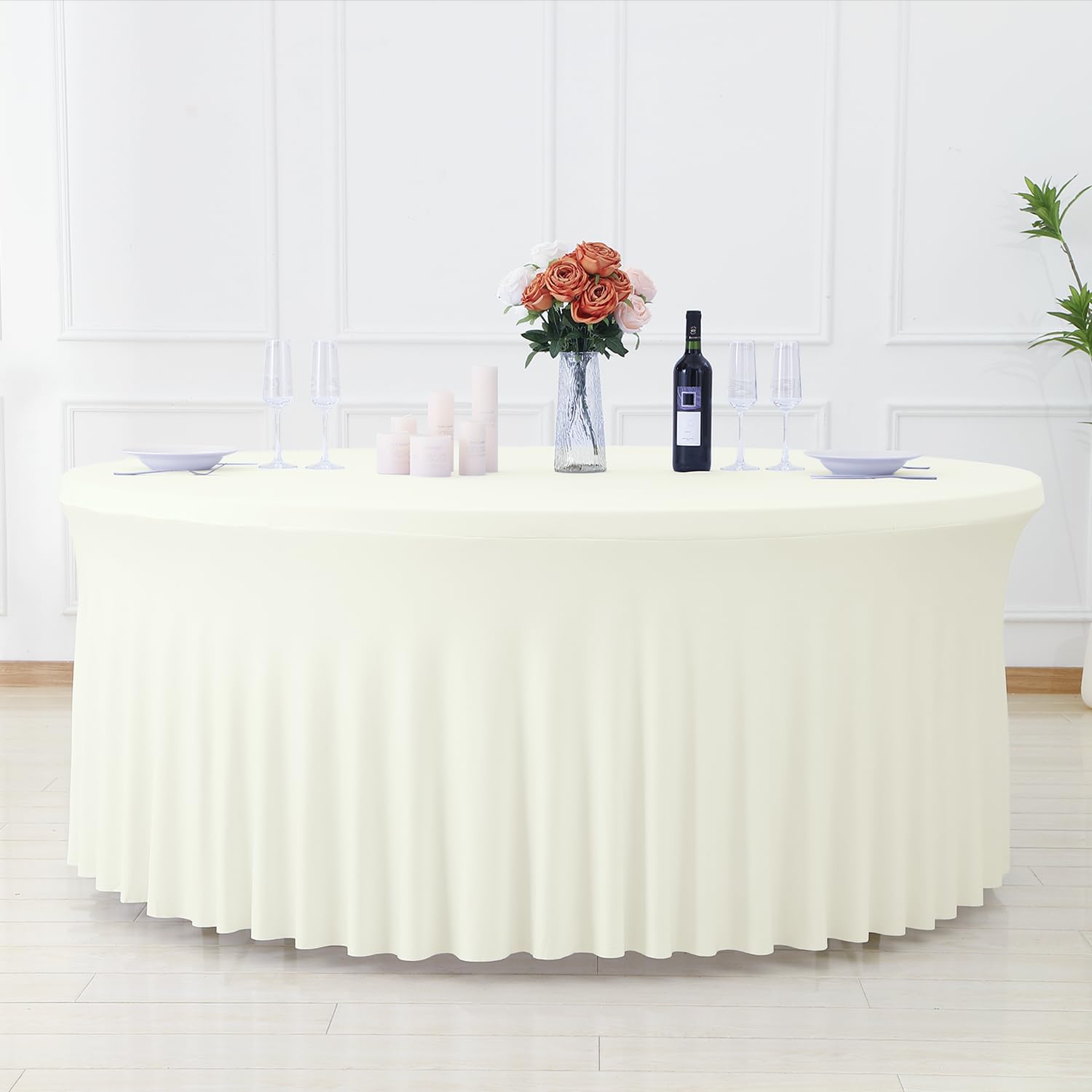 Photo 1 of GALLETY 132inch Ivory Round Tablecloth, Circle Stretch Table Cloths for 6 FT Tables, Wrinkle Free Round Table Skirt for Wedding Birthday Photography Party Social Events Engagement Party Decorations