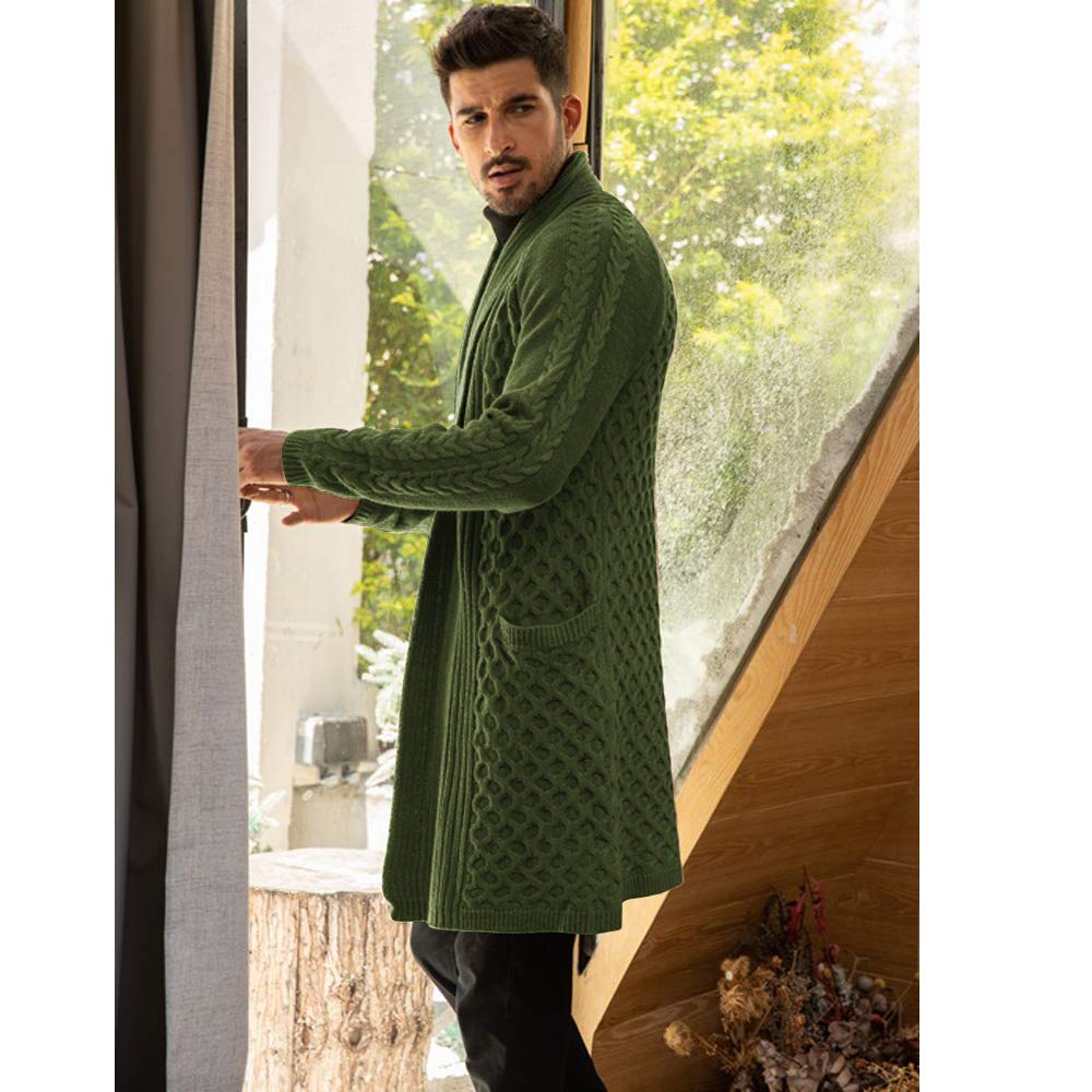 Men Shawl Collar Long Cardigan Sweater Heavyweight Knit Open Front