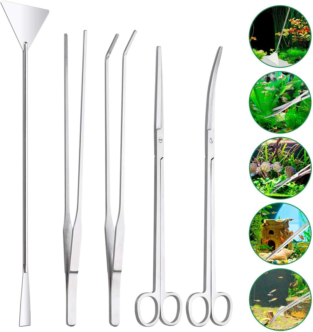 Lychee 5 in 1 Stainless Steel Aquarium Tank Kit,Fish Tank Cleaner Accessories Aquatic Plant Tweezers Scissors Tongs Algae Scraper Set (Silver)