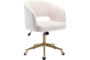 KCC Home Office Chair Swivel Velvet Desk Chair Accent Armchair Upholstered Modern Tufted Chairs with Gold Base for Girls Women Ergonomic Study Seat Computer Task Stools for Living Room(Cream)