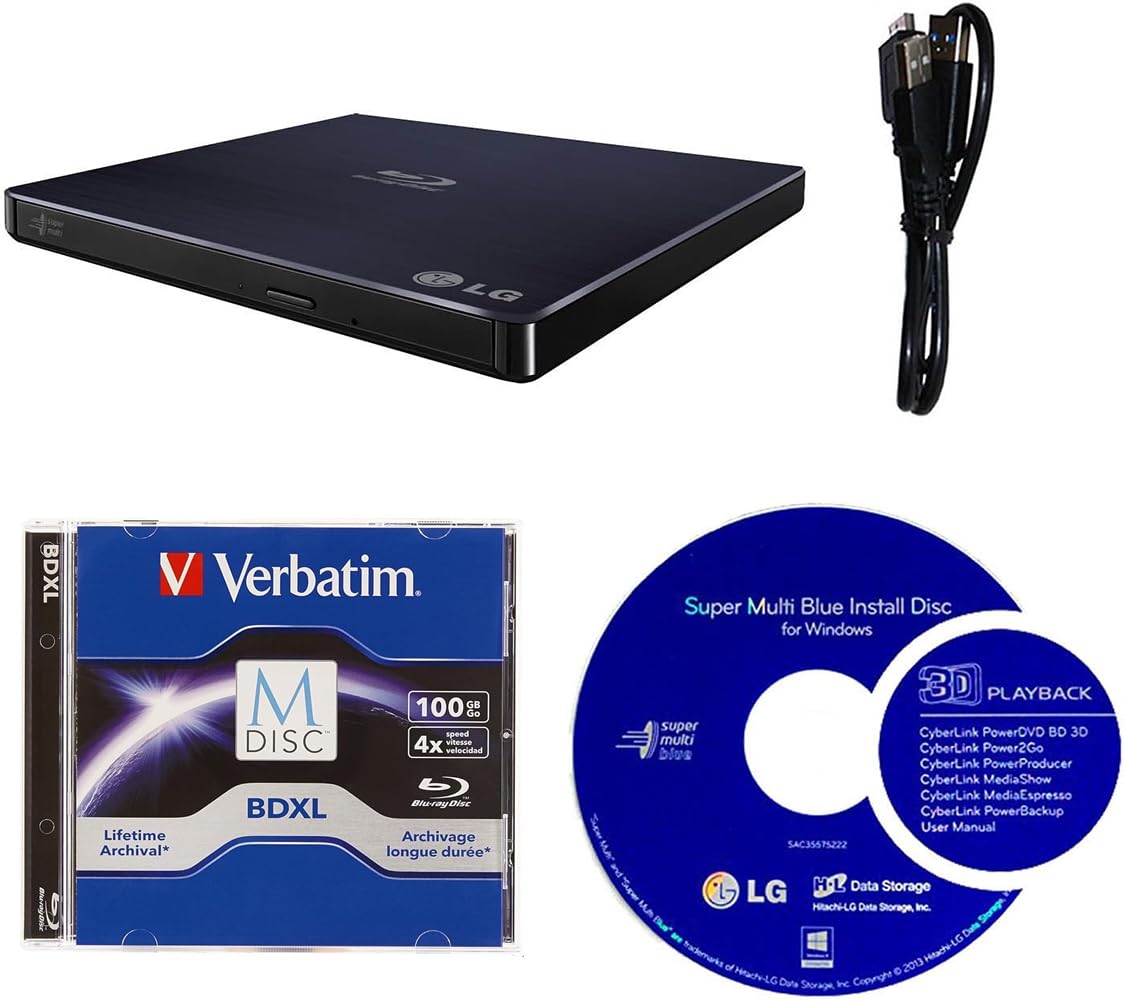 LG 6X WP50NB40 Grabadora de Blu-ray portátil ultradelgada negra con USB 2.0, disco BDXL de 100 GB y software de grabación Cyberlink