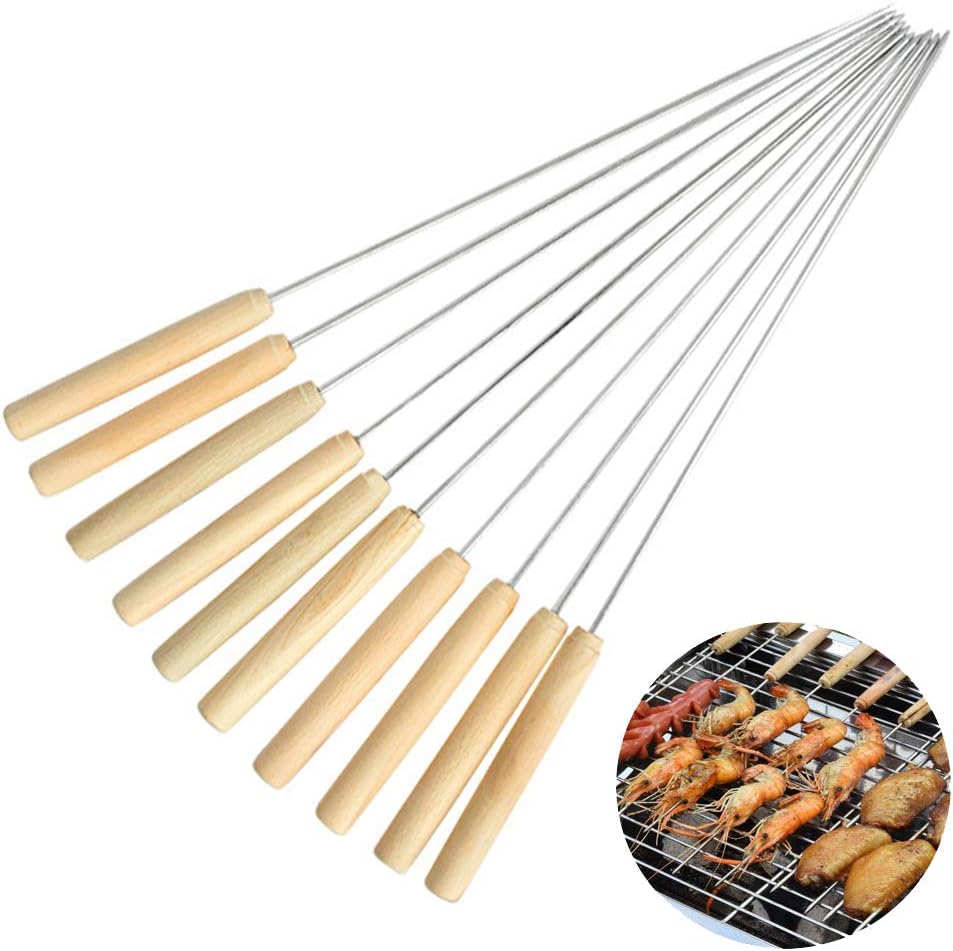 DONSIQIZZ Grill BBQ Skewers, Top Barbecue Grilling Accessories, Reusable Shish Kabob Sticks - 11.8 Inch, Wooden Handle & Stainless Steel Nonstick Grilling Skewers BBQ Sticks Set, (10-Pack)