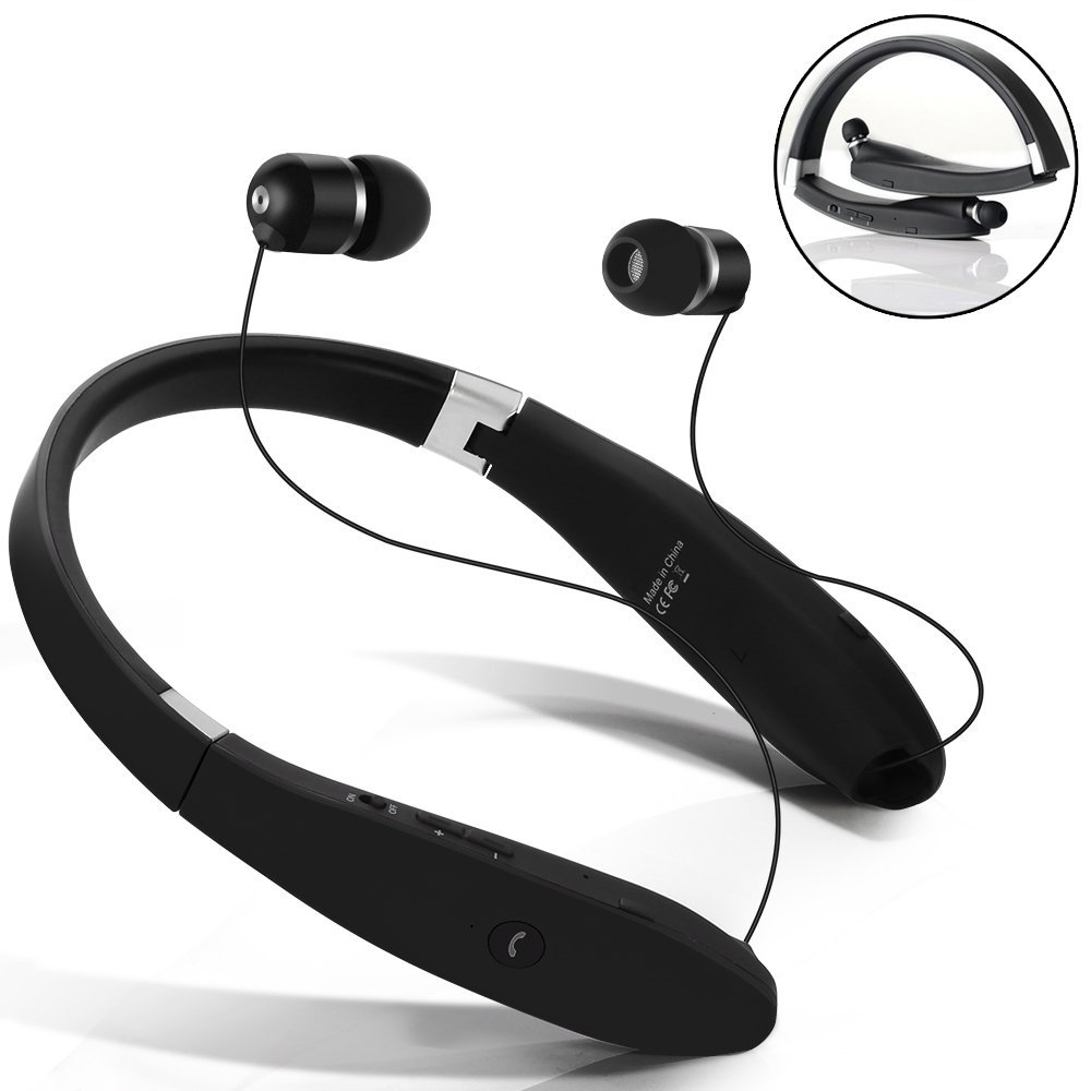 Foldable Wireless Headphones, Neckband Bluetooth 4.1 Headphones HD Stereo Retractable Wireless Earbuds with Mic, Handsfree Noise Canceling Bluetooth Earphones for iPhone, Android, Samsung, LG, HTC