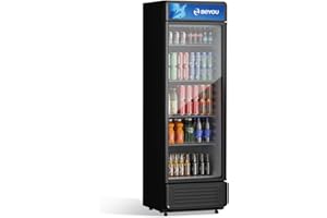 BEYOU Commercial Beverage Refrigerator, 12.2 cu. Ft Upright Display Merchandiser with single Glass Door, Drink Cooler for Living Room,Bar,Garage（Black）