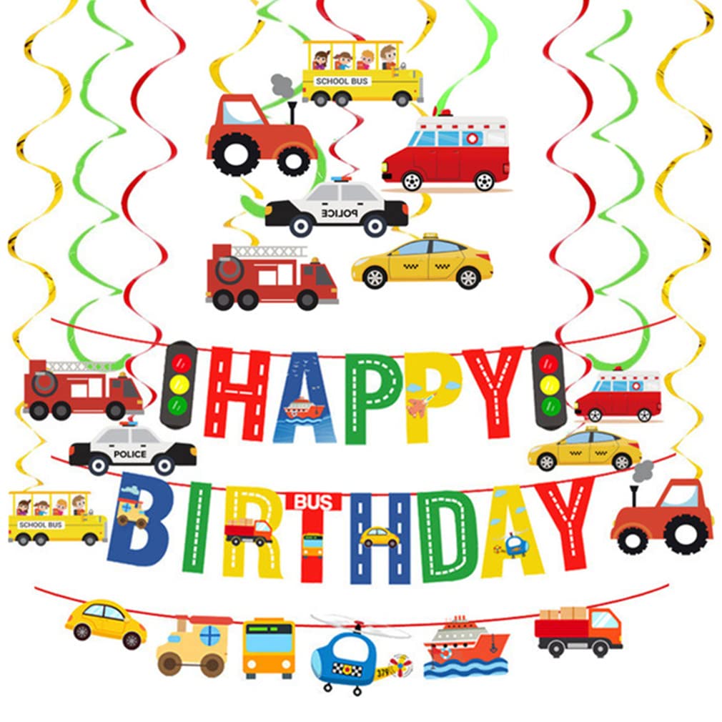 SAMHENG Transportation Birthday Party Decorations Set, Traffic Light Happy Birthday Photo Props Banner Flags with Car Bus Train Plane Ship Transport Theme Spiral Hanging Decoration Supplies