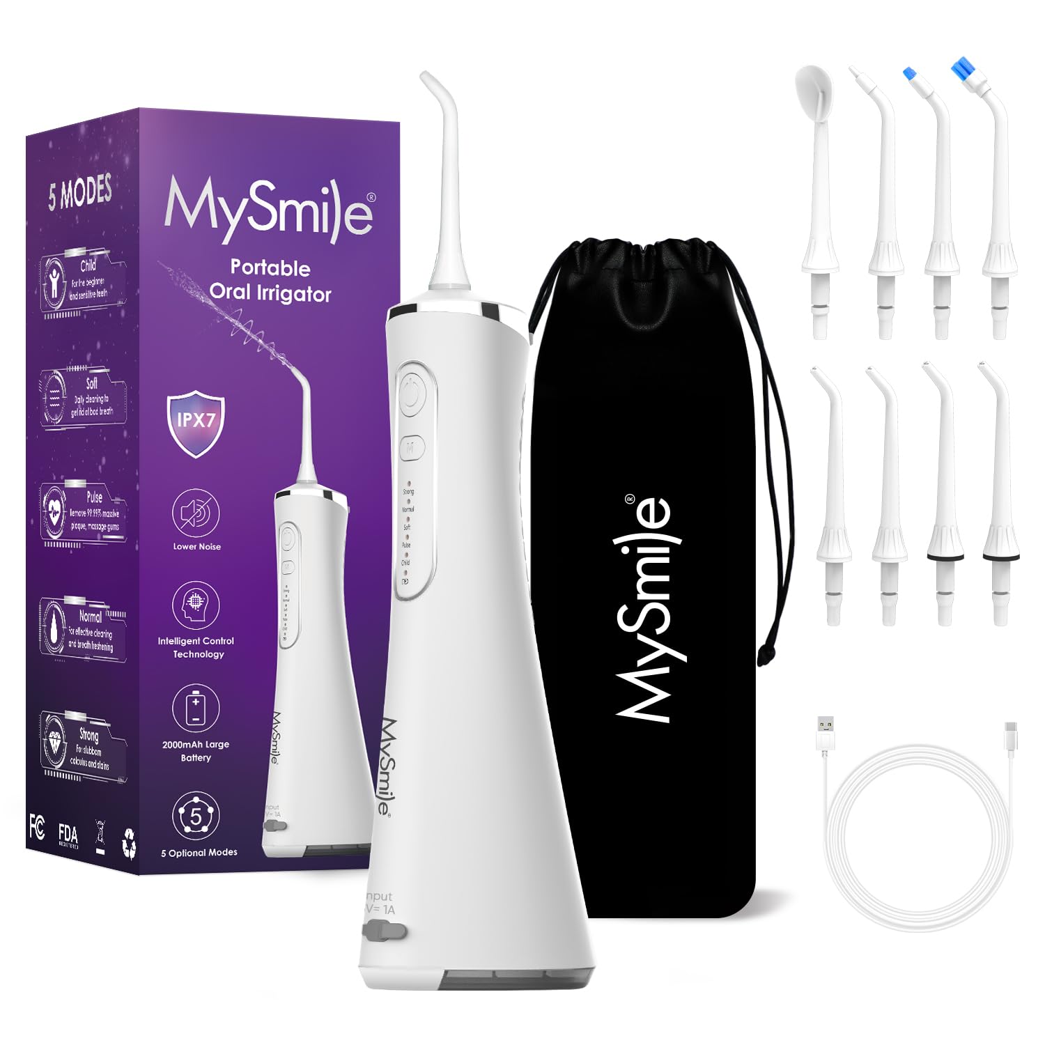 MySmile Water Dental Flosser for Teeth Cordless Oral Irrigator 5 Cleaning Modes 8 Replaceable Jet Tips IPX 7 Waterproof USB Rechargeable Water Dental Picks for Teeth Cleaning with PU Bag White