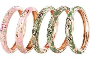 UJOY Bangles 5 Pcs Enamel Jewelry Set Rose Flower Engraved Cloisonne Bracelets Pack in a Box 5PCS