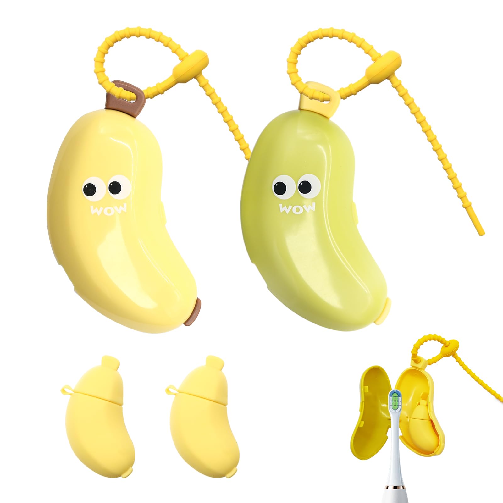 Photo 1 of 2 Pcs Portable Banana Toothbrush Covers, Banana-Shaped Toothbrush Case with Toothpaste Dispenser, Clip -on Cute Fruit Tooth Brush Cover Cap Protector for Home Travel Outdoor Camping (Green and Yellow)