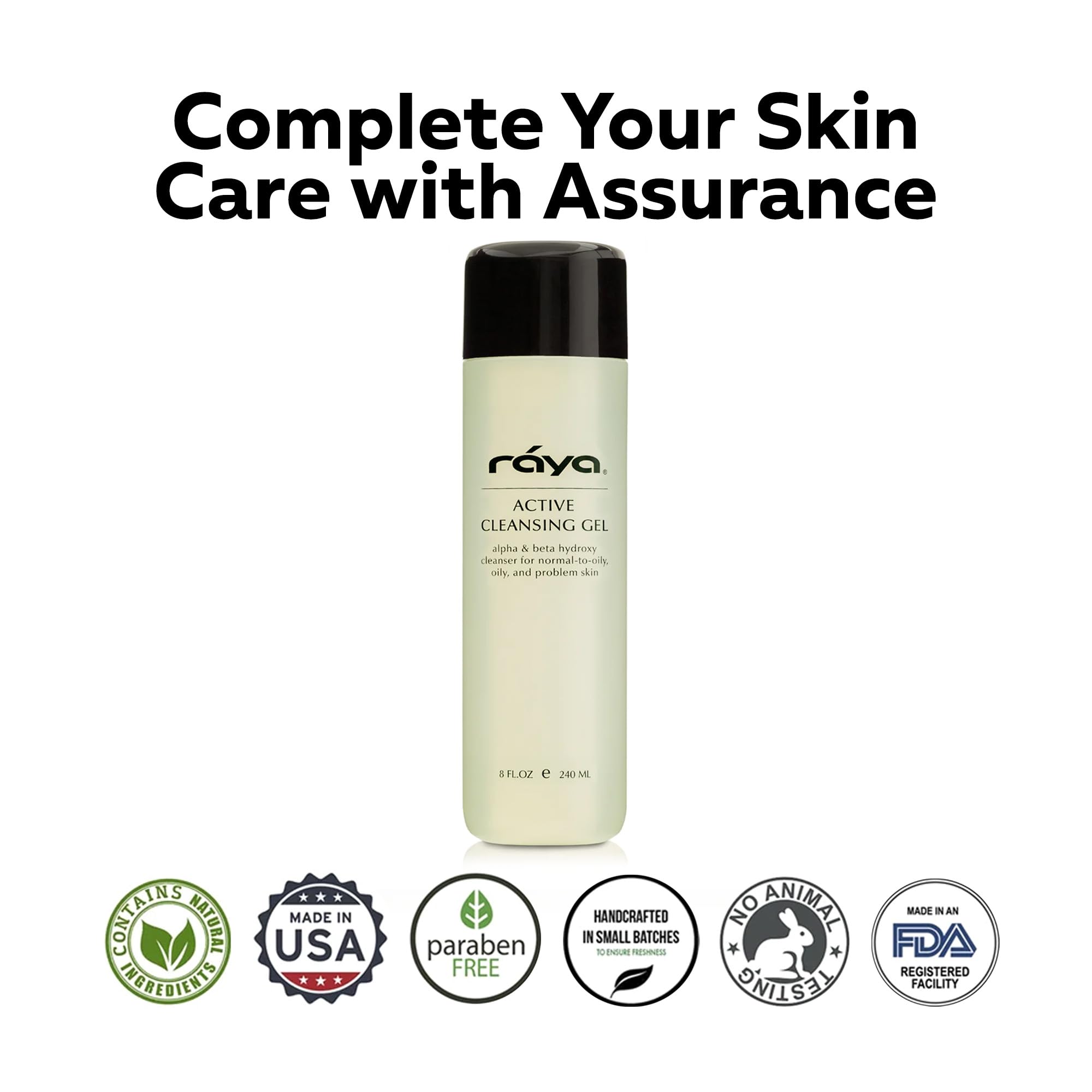 Raya Active Facial Cleansing Gel (G-107), Oil Control Cleanser with AHA and BHA, Deep Pore Gel for Oily and Break-Out Skin, Gentle Face Wash for Women and Men, Suitable for Daily Use, 8oz or 16oz btl