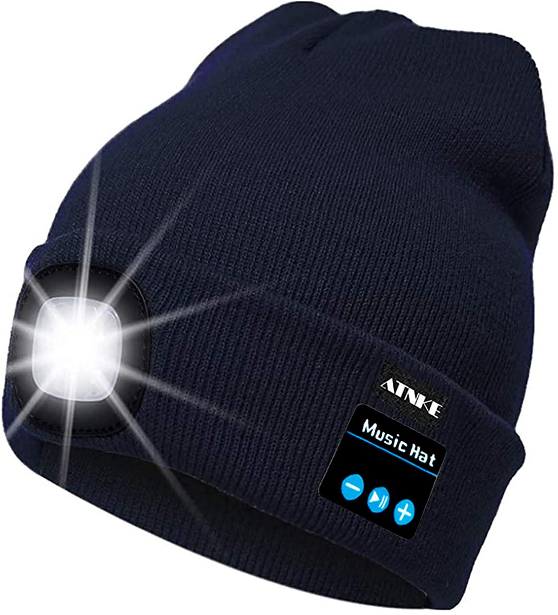 ATNKE LED Lighted Bluetooth Beanie Cap, USB Rechargeable Wireless Musical Running Hat Ultra Bright 4 LED Light Lamp Use for Skiing Hiking Camping Cycling/Navy Blue