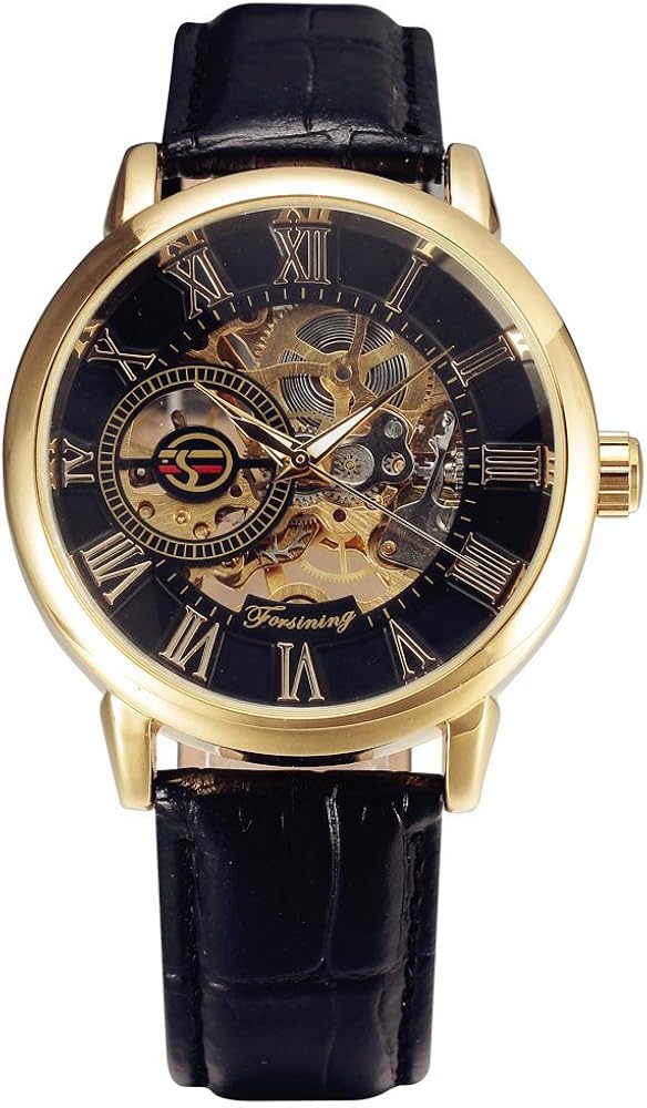 forsining 3d logo design hollow engraving black gold case leather skeleton mechanical watches men luxury brand heren horloge