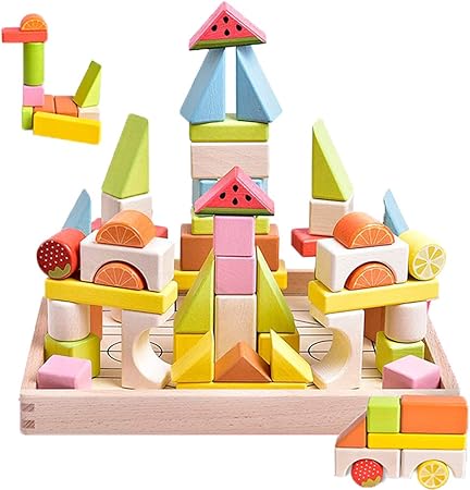 Amazon Button Moon 積み木 モンテッソーリ おもちゃ 木製 56pcs カラフル 立体パズル 図形勉強 色認識 子供 知育玩具 誕生日 クリスマス プレゼント 入園祝い 女の子 男の子おもちゃ 積み木 おもちゃ