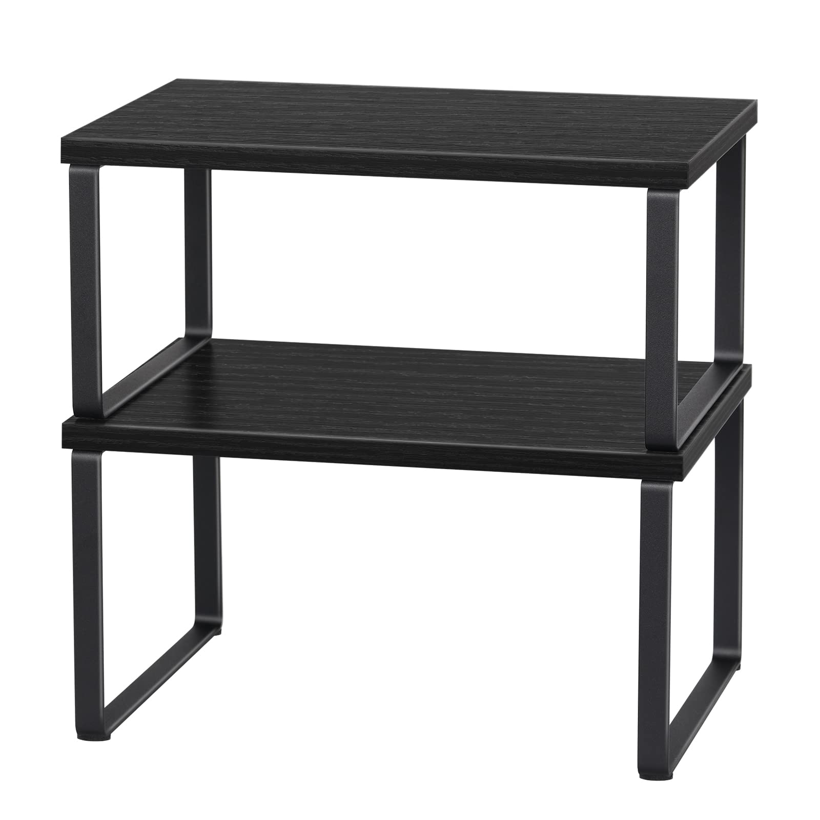 CADUKE Cupboard Shelf Organiser Set of 2, Kitchen Cabinet Storage Shelves with Metal Frame and Wooden Countertop, Black Expandable & Stackable Storage Rack for Pantry, Kitchen, Bathroom, Office