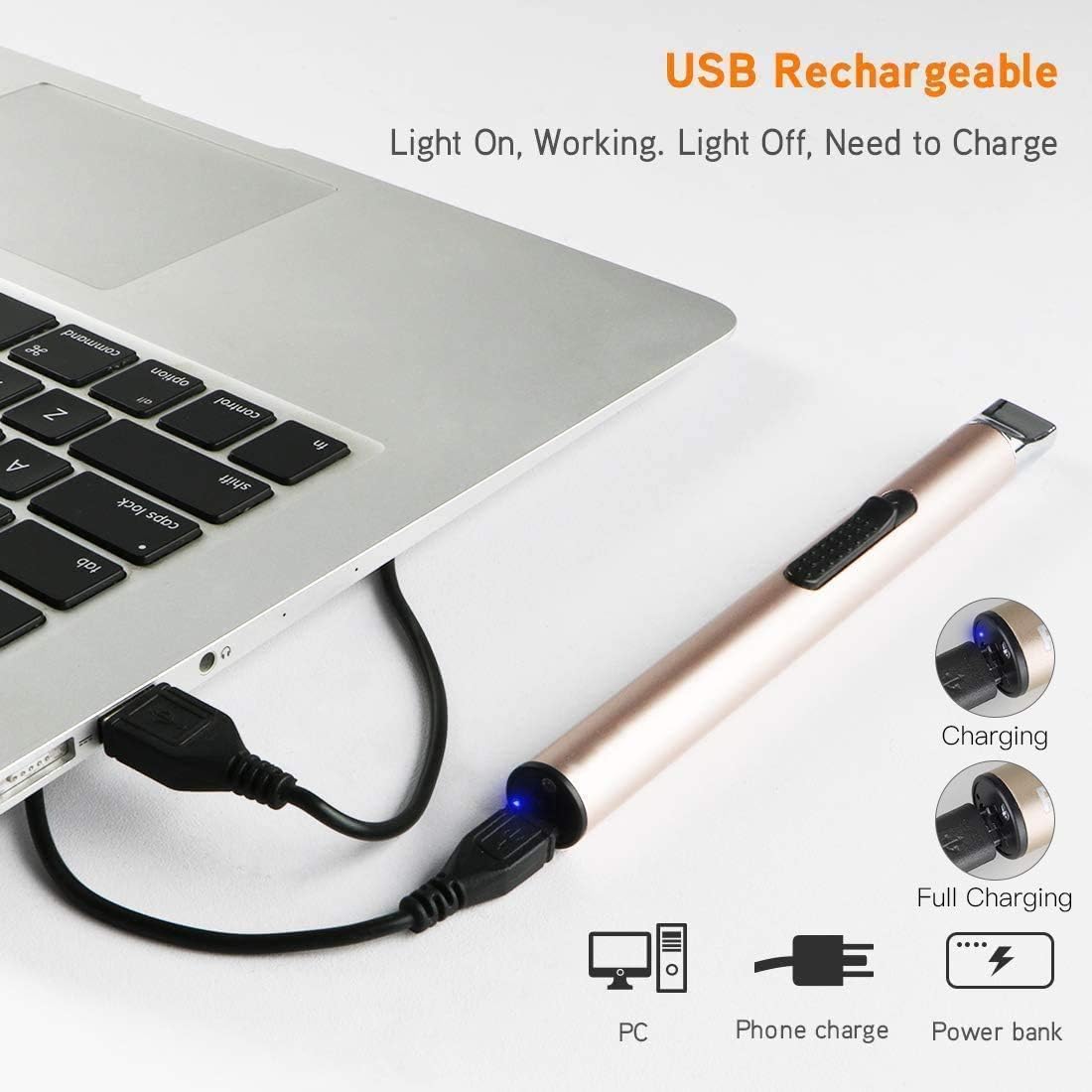 REIDEA Electronic Candle Lighter Arc Windproof Flameless USB Rechargeable Lighter with Safe Button for Home Kitchen Champagne Gold: Home & Kitchen