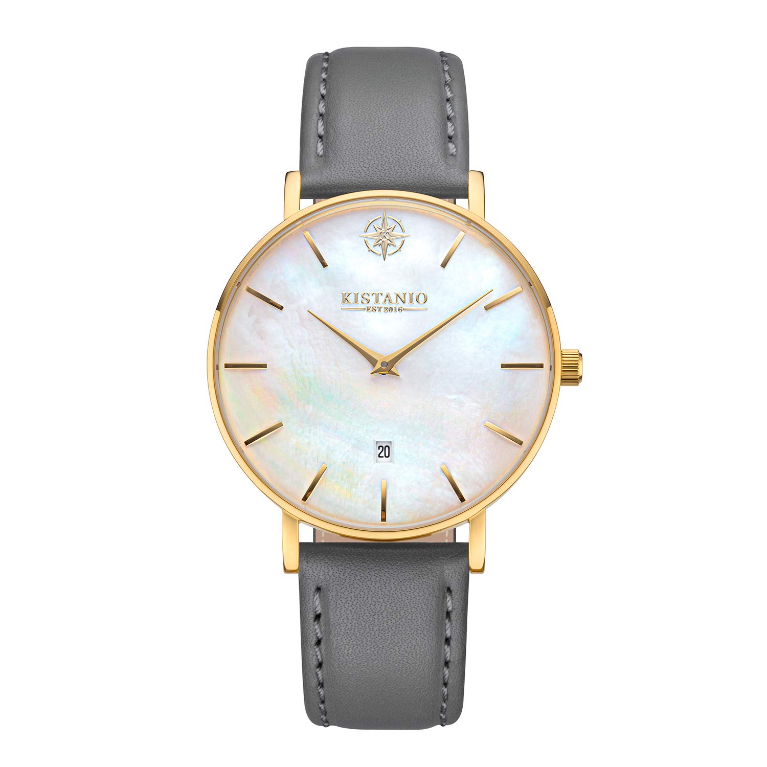Kistanio Moyen Flat Women's Watch with Leather Strap Sapphire Glass 38 mm Diameter Stainless Steel Date Various Variations, Gold / mother of pearl / grey, Strap.