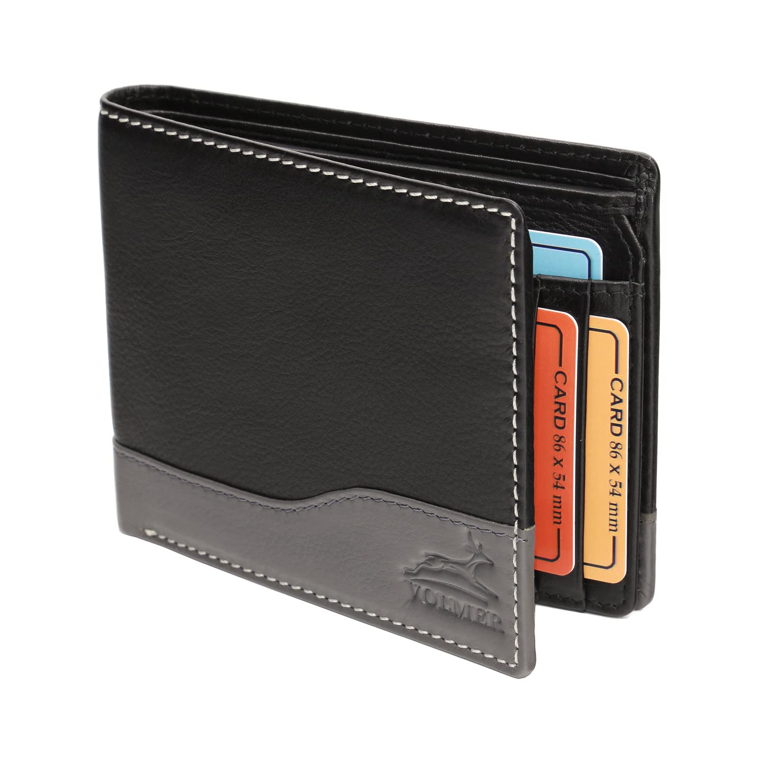 Fa.Volmer ® Manhattan Series #MW114 Leather Wallet Landscape Format with RFID Protection Slim-Design (Black/Grey)