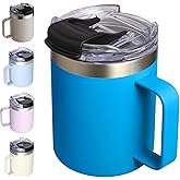 ALOUFEA 12oz Insulated Coffee Mug Cup with Handle, Stainless Steel Travel Coffee Mug with Flip Lid, Double Wall Vacuum Coffee Tumbler,Sky Blue