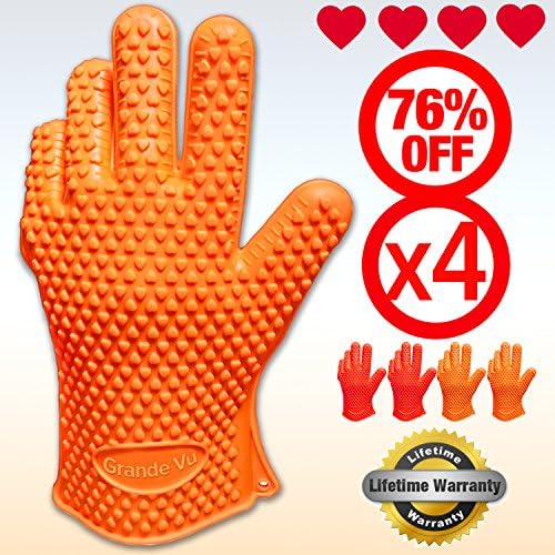 ♛ FOUR GLOVES - SUPERIOR Silicone BBQ Gloves Buy 2 get 2 EXTRA for FREE ♛ Extreme Water and Heat Resistant Cooking Gloves, Grill Gloves, Potholders Directly Handle Hot Food, Use As Grilling Gloves, Oven Gloves In The Kitchen Or At The Campsite! Protect Your Hands from Accidents with Insulated Waterproof Five-Fingered Grip Superior Protection, Better Than Oven Mitts FREE Premium!