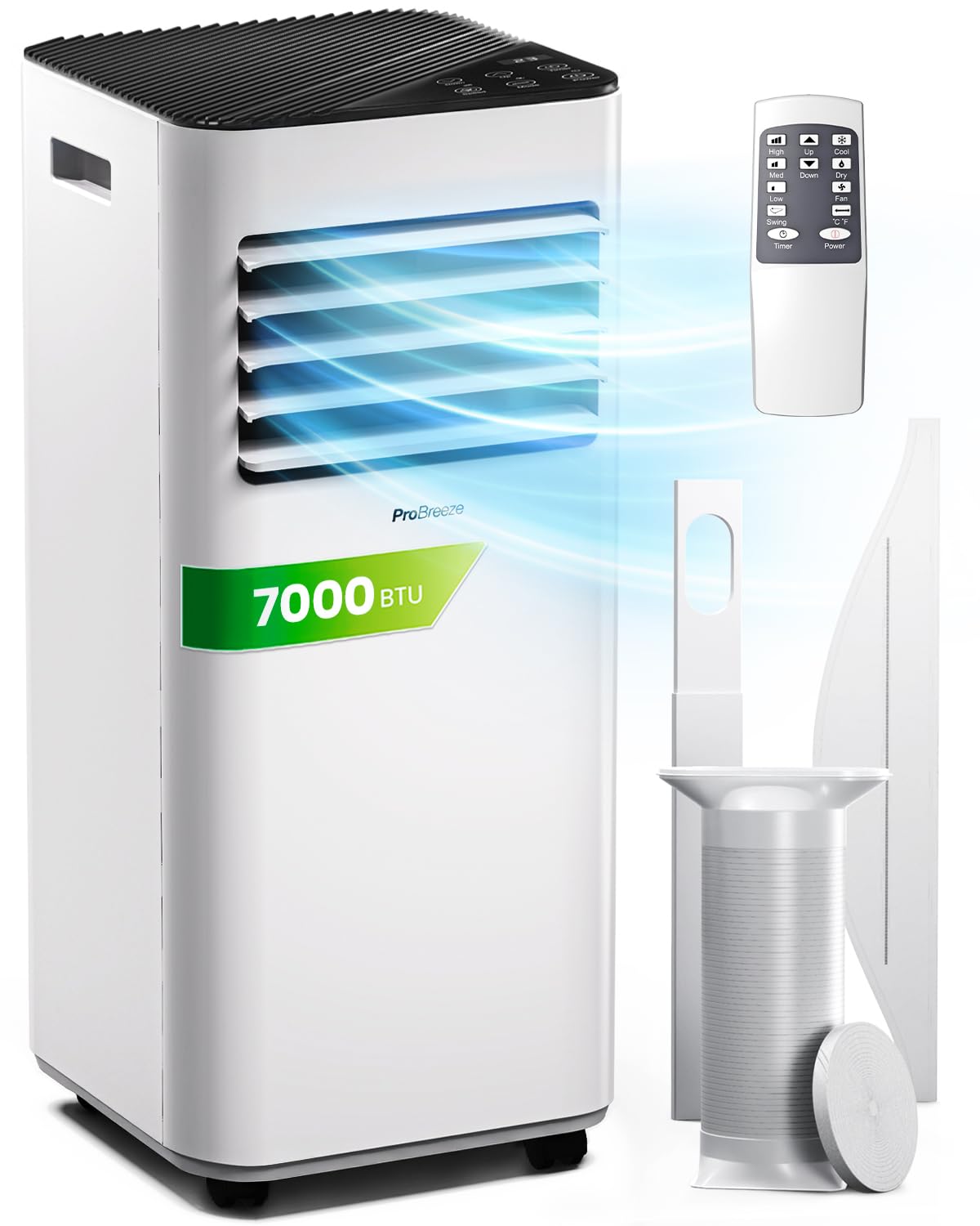 Pro Breeze 4-in-1 Portable Air Conditioner 7000 BTU with Remote Control, 24 Hour Timer & Dual Window Venting Kit Included. Powerful Air Conditioning Unit with Class A Energy Efficiency Rating