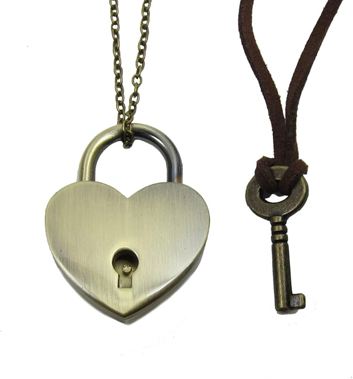Bronze Heart Lock and Key Couples Necklace Real working Lock Pendant