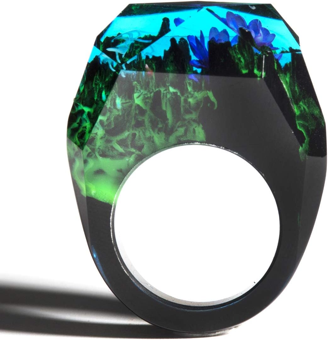 NDJEWELRY Resin Ring Wood Band Romantic Fairy Forest Secret World Mountain Flower Landscape insided Statement Ring Unique Handmade Gift for Her