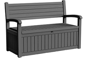 PatioZen 80 Gallon Outdoor Storage Bench Deck Box Waterproof Lockable,Outdoor Storage Furniture for Patio,Garden and Porch,Tools and Cushions（ Black Stripe）