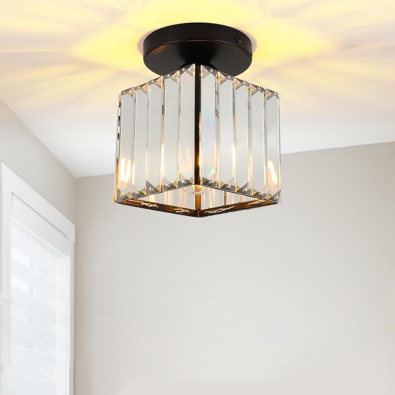 FORCOSO Ceiling Lights, Semi Flush K9 Crystal Chandelier Lamp with Metal Lampshade, E27 Black Ceiling Lighting, Modern Light Fittings for Kitchen Hallway Living Room Bedroom Hall Home Decoration