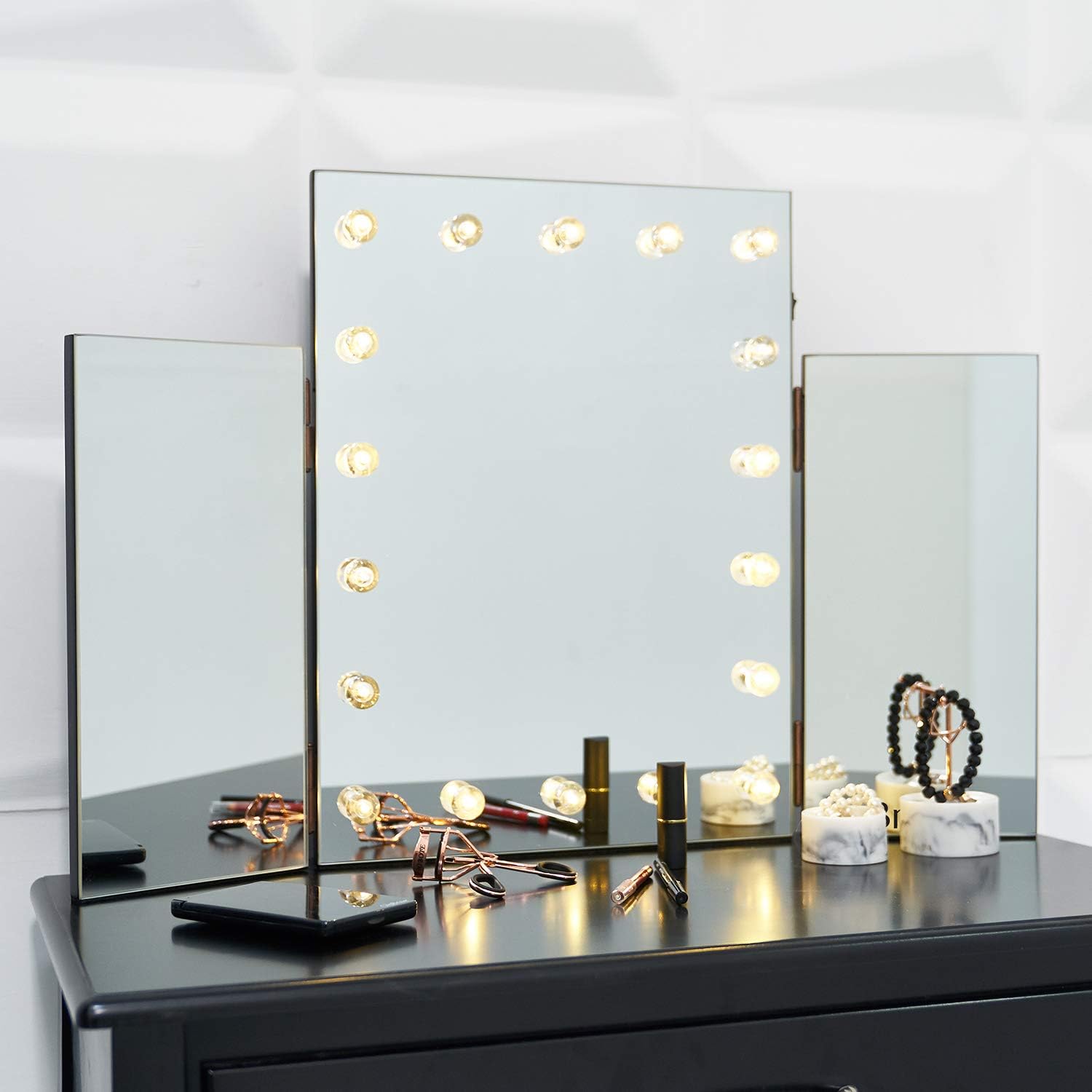 SA Products Glass Hollywood Mirror - 3-Way Standing Vanity Beauty Set with LED Lights for Bathroom or Bedroom - Large Center, Adjustable Side Mirrors -Best for Makeup, Shaving, Hair Styling - Large