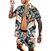BUYJYA Men's Flower Shirt Short 2 Piece Hawaiian Sets Casual Button Down Floral Tracksuit Beach Outfit
