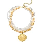 HolidayQbee Gold Seashell Necklace For Women With Beach Sand And Bead Starfish Choker Necklace Ocean Chains Necklace Fashion Summer Necklace Jewelry