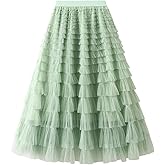 Gnveub Women's Long Tulle Skirt High Waisted A Line Mesh Cake Skirts Fluffy Tiered Tulle Maxi Skirt