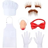 Keymall White Chef Costumes 6 Pieces Including Chef Hat Apron Bow tie Gloves Fake Nose Eyebrows Beard For Halloween Costume
