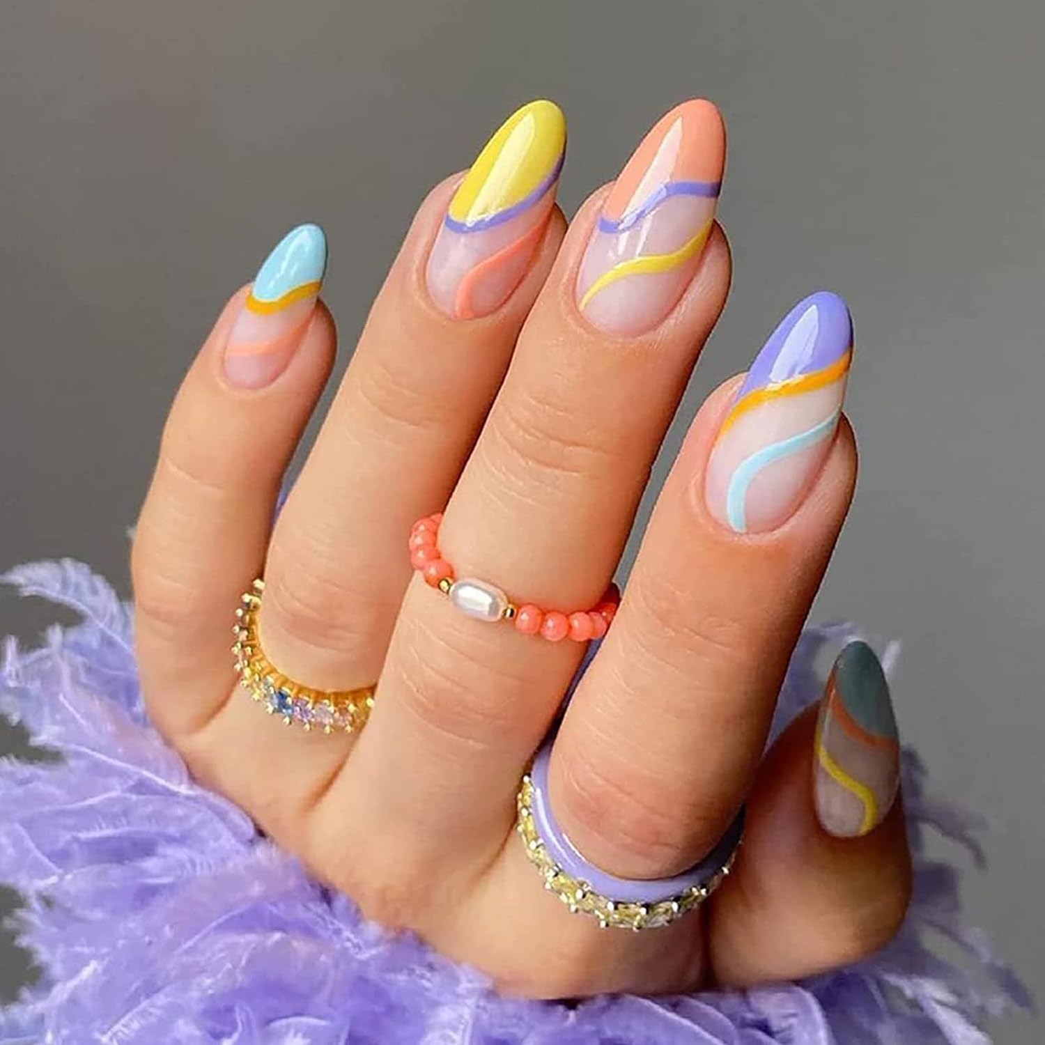 6 Packs (144 Pcs) Press on Nails Medium Design, Misssix Short Fake Nails Almond French Glue on Nails Set with Adhesive Tabs Nail File for Women - Image 6