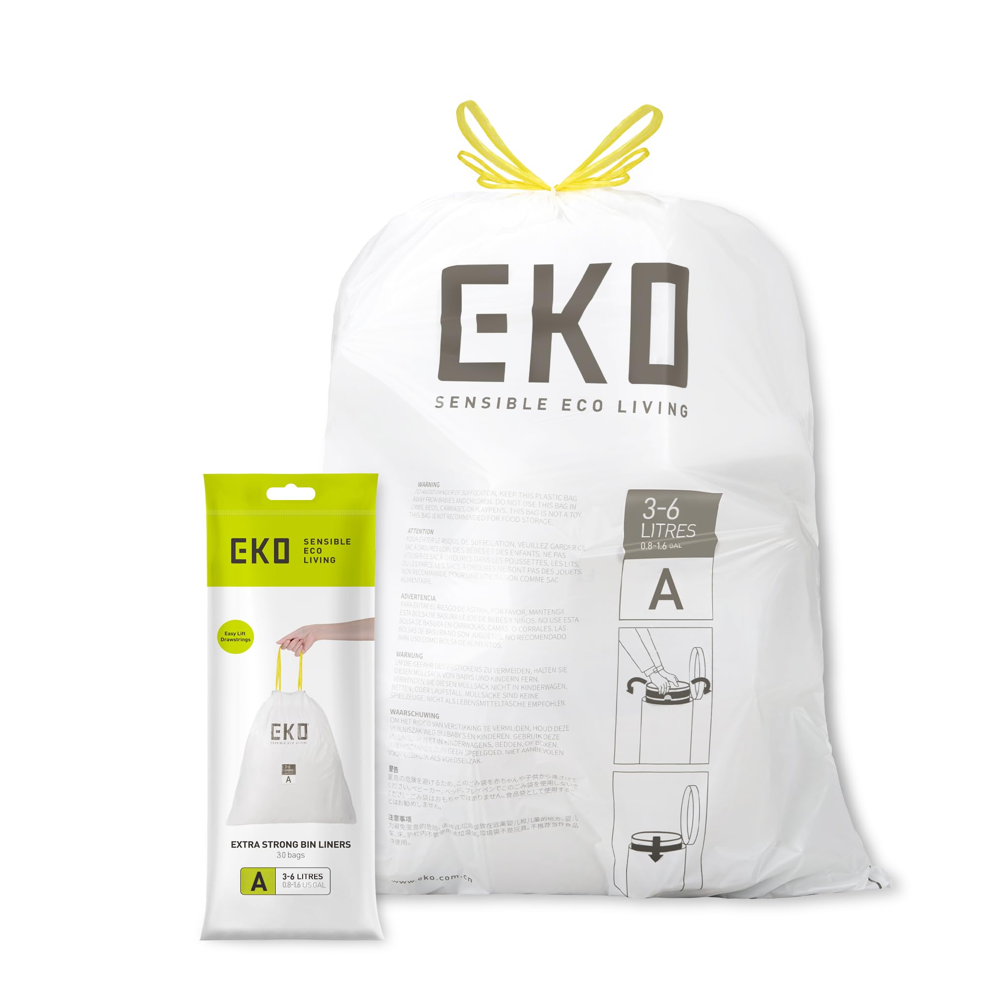 EKO 3-6 Litre Drawstring Bin Bags, Heavy Duty Bin Liners for Small Kitchen and Bathroom Bins, Leakproof and Tear-Resistant for Waste & Recycling, Unscented Food Waste Bags, 30 Count, Code A, White