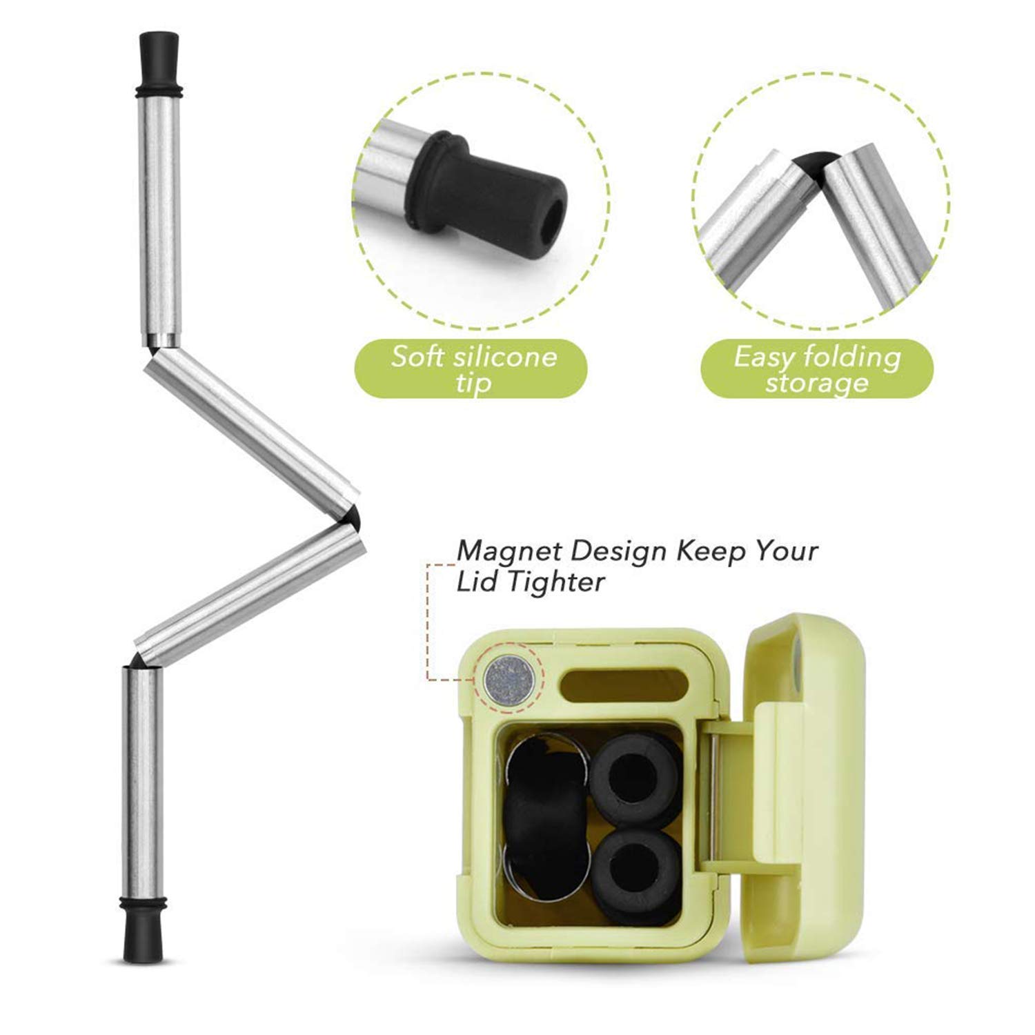 Flysea Collapsible Reusable Drinking Straw, Stainless Steel Food-Grade Folding Straws Portable Travel Straws with Hard Case Holder & Cleaning Brush BPA Free, 1 Pack of Green