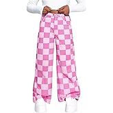 WDIRARA Girl's Checkered Straight Leg Baggy Jeans Elastic High Waist Denim Pants