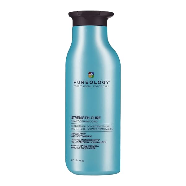 PUREOLOGY STRENGTH CURE SHAMPOO – FOR DAMAGED OR COLOR TREATED HAIR, HAIR STRENGTHENING & PREVENTS BREAKAGE, SEALS SPLIT ENDS, VEGAN & SULFATE-FREE, 9 FL OZ