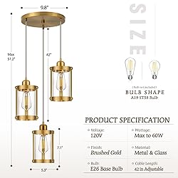 Osimir 3-Light Pendant Lighting, Brushed Gold